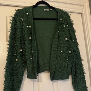 Mighty Fine Green Holiday Loop And Pearl Cardigan Sweater